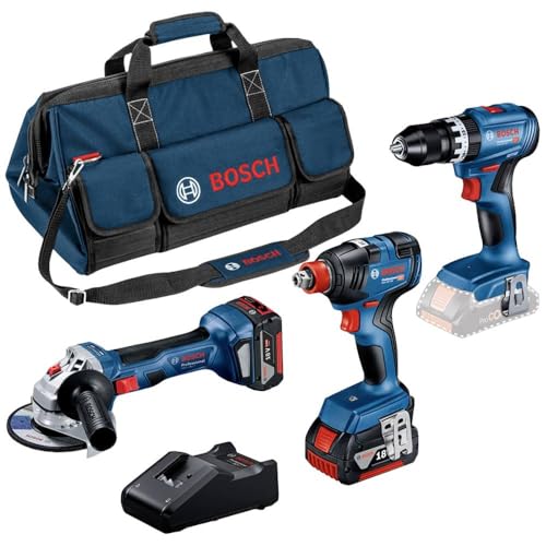 Bosch Professional 18V System Combo Kit: Schlagbohrschrauber GSB 18V-45 + Drehschlagschrauber GDX 18V-200 + Winkelschleifer GWS 18V-7 (inkl. 2x 5.0Ah Akku, Schnellladegerät GAL 18V-40, Werkzeugtasche) von Bosch Professional