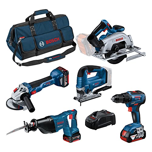 Bosch Professional Combo Kit GSR 18V-55 + GWS 18V-10 + GKS 18V-57-2 + GSA 18V-LI + GST 18V-125 B (inkl. 3x 4,0,Ah-Akku, Ladegerät GAL 1880 CV, in großer Werkzeugtasche) von Bosch Professional