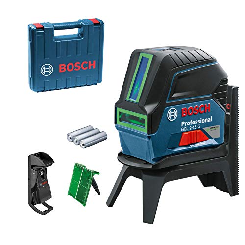 Bosch Professional Kreuzlinienlaser GCL 2-15 G (grüner Laser, Innenbereich, mit Lotpunkten, Arbeitsbereich: 15 m, 3x 1,5 V Batterien, Drehhalterung RM 1, Laserzieltafel, Handwerkerkoffer) von Bosch Professional