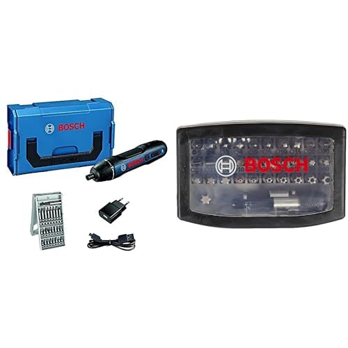 Bosch Professional GO (inkl. 25-tlg. Bit-Set, Ladekabel, L-BOXX Mini) + 32tlg. Schrauberbit Set Extra Hart (Kreuzschlitz, Pozidriv, Hex, T, TH, S-Bit, Zubehör) Silber, 1/4-Zoll von Bosch Professional