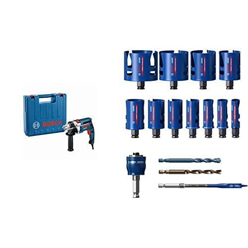 Bosch Professional GSB 16 RE Schlagbohrmaschine + Schnellspannbohrfutter 13 mm + Tiefenanschlag 210 mm + 15 tlg. Expert Construction Material Lochsäge Set (Weichholz, Ø 20-76 mm) von Bosch Professional