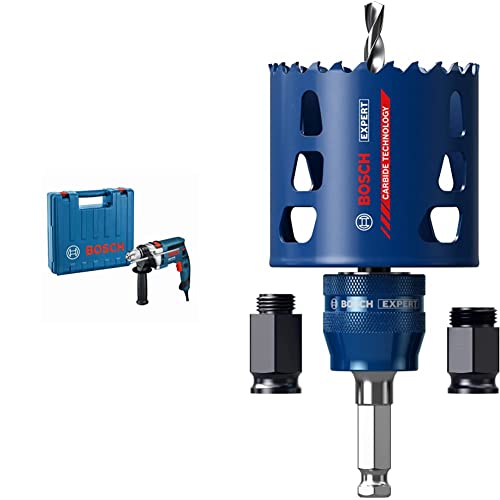 Bosch Professional GSB 16 RE Schlagbohrmaschine + Schnellspannbohrfutter 13 mm + Tiefenanschlag 210 mm + 1x Expert Tough Material Lochsäge Starter Set (für Holz mit Metall, Ø 68 mm, Zubehör) von Bosch Professional