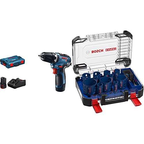 Bosch Professional GSR 12V-35 (2x 3,0 Ah Akku, 12 Volt, max. Drehmoment hart/weich: 35/20 Nm, in L-BOXX) + 14 tlg. Expert Tough Material Lochsäge Set (für Holz mit Metall, Ø 20-76 mm, Zubehör) von Bosch Professional