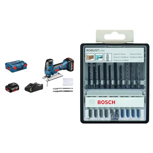 Bosch Professional GST 18V-LI S (inkl. Akku + Ladegerät, 3x Sägeblätter für Holz, Abdeckhaube, L-BOXX 136) + 10tlg. Stichsägeblatt-Set Robust Line (zum Sägen in Holz und Metall, Zubehör) von Bosch Professional