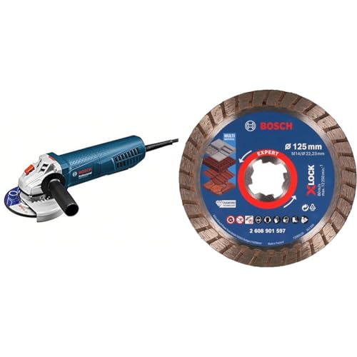 Bosch Professional GWS 11-125 P 0601792202 Winkelschleifer 125mm 1100W + 1x EXPERT MultiMaterial X-LOCK Diamanttrennscheibe (für Beton, Ziegelsteine, Weichgestein, Dachziegeln, Ø125x22,23 mm) von Bosch Professional
