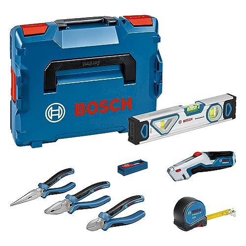 Bosch Professional Handwerkzeug-Set, 13-teilig (inkl. 2x Zange, 1x Cutter, 1x Maßband, 1x 25-cm-Wasserwaage, 1x Messer, 10x Ersatzklinge, in L-BOXX) von Bosch Professional