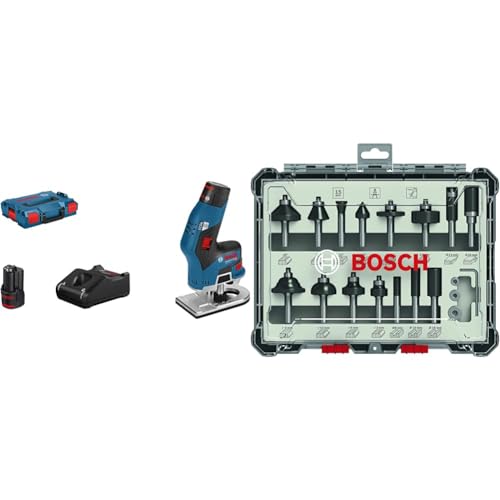 Bosch Professional Kantenfräse GKF 12V-8 (inkl. 2x3.0Ah Akku + Schnellladegerät, Spannzange 8mm, Maulschlüssel, in L-BOXX 136) + 15tlg. Fräser Set Mixed (für Holz, Zubehör Oberfräsen mit 8 mm Schaft) von Bosch Professional