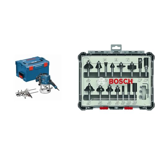 Bosch Professional Oberfräse GOF 1250 CE (Maulschlüssel 19 mm, Kopierhülsenadapter, Spannzange, L-BOXX 238) + 15tlg. Fräser Set Mixed (für Holz, Zubehör Oberfräsen mit 8 mm Schaft) von Bosch Professional