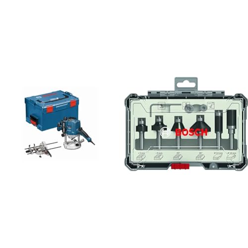 Bosch Professional Oberfräse GOF 1250 CE (Maulschlüssel 19 mm, L-BOXX 238) + 6tlg. Rand- und Kantenfräser Set (für Holz, Zubehör Oberfräsen mit 8 mm Schaft) von Bosch Professional