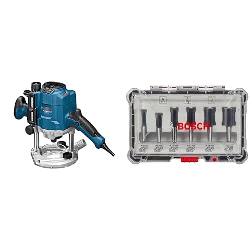 Bosch Professional Oberfräse GOF 1250 CE (inkl. Kopierhülsenadapter, Parallelanschlag, Maulschlüssel 19 mm, Spannzange, im Karton) + 6tlg. Nutfräser Set (für Holz, Zubehör mit 8 mm Schaft) von Bosch Professional