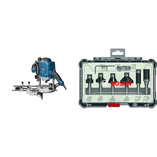 Bosch Professional Oberfräse GOF 1250 CE (inkl. Kopierhülsenadapter, Parallelanschlag, Maulschlüssel 19 mm, Spannzange, im Karton) +6tlg. Rand- und Kantenfräser Set (für Holz, Zubehör mit 8mm Schaft) von Bosch Professional