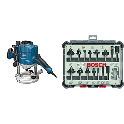 Bosch Professional Oberfräse GOF 1250 CE (inkl. Kopierhülsenadapter, Parallelanschlag, Maulschlüssel 19mm, Spannzange, im Karton) +15tlg. Fräser Set Mixed (für Holz, Zubehör Oberfräsen mit 8mm Schaft) von Bosch Professional