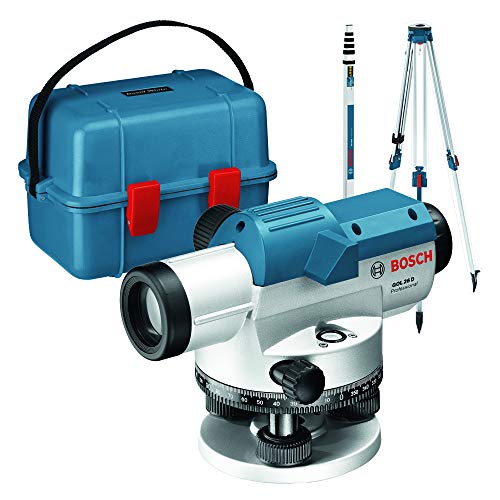 Bosch Professional Optisches Nivelliergerät GOL 26 D (26-fache Vergrößerung, Maßeinheit: 360 Grad, Arbeitsbereich: bis zu 100 m, Messlatte GR 500, Baustativ BT 160, im Transportkoffer) von Bosch Professional