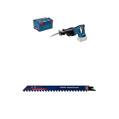 Bosch Professional Säbelsäge GSA 18 V-LI (inkl. 2xSäbelsägeblatt (Holz/Metall), ohne Akkus Ladegerät, in L-BOXX) + 1xExpert ‘Aerated Concrete’ S 1141 HM Säbelsägeblatt (für Porenbeton,Länge 225 mm) von Bosch Professional