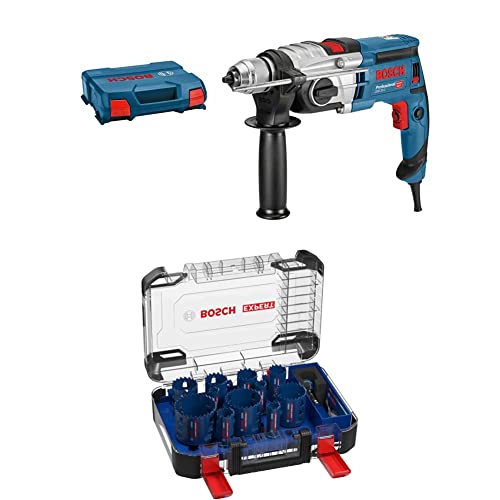 Bosch Professional Schlagbohrmaschine GSB 20-2 (850 W, Leerlaufdrehzahl 3.000 min-1, in L-Case) + 14 tlg. Expert Tough Material Lochsäge Set (für Holz mit Metall, Ø 20-76 mm, Zubehör Bohrmaschine) von Bosch Professional