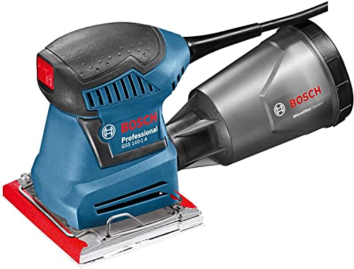 Bosch Professional Schwingschleifer GSS 140-1 A (inkl. mit Staubbox inkl. Microfilter, 2 x Schleifblatt, 1x Schleifplatte, Lochwerkzeug, im Karton), Schwarz, Blau, 06012A2100 von Bosch Professional