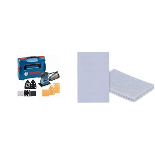 Bosch Professional Schwingschleifer GSS 160-1 A Multi (1,6 mm Schwingkreis-Ø, in L-BOXX) + 10x Expert M480 Netzstruktur-Schleifblätter (Hartholz, Farbe auf Holz, 80x133 mm, K 80/120/180, Zubehör) von Bosch Professional