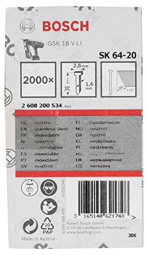 Bosch Professional 2000x Senkkopf-Stift SK64 20NR (für Holzleiste, Spanplatte, Gipsfaserplatten, 38 mm, Edelstahl, Zubehör für Nagelpistolen) von Bosch
