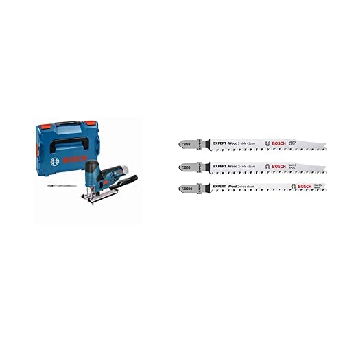 Bosch Professional Stichsäge GST 12V-70 (2x Sägeblatt, ohne Akkus Ladegerät, in L-BOXX) +3x Stichsägeblatt Set Expert ‘Hardwood 2-Side Clean‘ (Küchenarbeitsplatte, Kunststoffbeschichtete Platten) von Bosch Professional