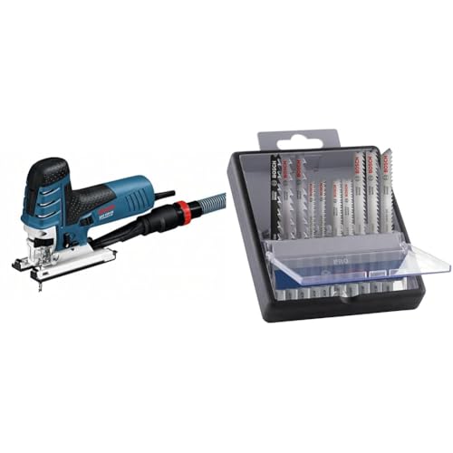 Bosch Professional Stichsäge GST 150 CE (Schnitttiefe Holz max: 150mm, inkl. Handwerkoffer) + 10x PRO Hardwood and Laminate Stichsägeblatt-Set (für Hartholz, Parkett, Länge 83 mm, Zubehör) von Bosch Professional