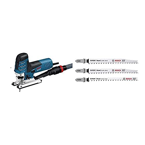 Bosch Professional Stichsäge GST 150 CE (ohnne Schlauch, im Koffer) + 3x Stichsägeblatt Set Expert ‘Wood 2-Side Clean‘ (für Sperrholz, Massivholz-Möbelplatte, Länge 117 mm, Zubehör) von Bosch Professional