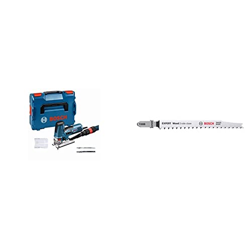 Bosch Professional Stichsäge GST 160 CE (inkl. 3x Sägeblätter für Holz, L-BOXX 136) + 3x Stichsägeblatt Set Expert ‘Wood 2-Side Clean‘ (für Sperrholz, Massivholz-Möbelplatte, Länge 117 mm, Zubehör) von Bosch Professional