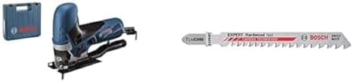 Bosch Professional Stichsäge GST 90 E (1x Sägeblatt, Absaug-Set, im Koffer) + 3x Expert ‘Hardwood Fast’ T 144 DHM Stichsägeblatt (für Hartholz, WPC Holz-Kunststoff-Verbundstoffe, 100 mm, Zubehör) von Bosch Professional