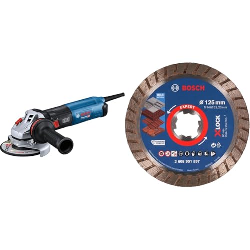 Bosch Professional Winkelschleifer GWS 17-125 S INOX + 1x EXPERT MultiMaterial X-LOCK Diamanttrennscheibe (für Beton, Ziegelsteine, Weichgestein, Dachziegeln, Ø125x22,23 mm, Zubehör) von Bosch Professional