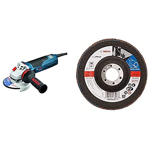 Bosch Professional Winkelschleifer GWS 19-125 CIE 125 mm (KickBack-Stop, im Karton) + Fächerschleifscheibe (verschiedene Materialien, bombierte Ausführung, Ø 125 mm, Körnung 80) von Bosch Professional