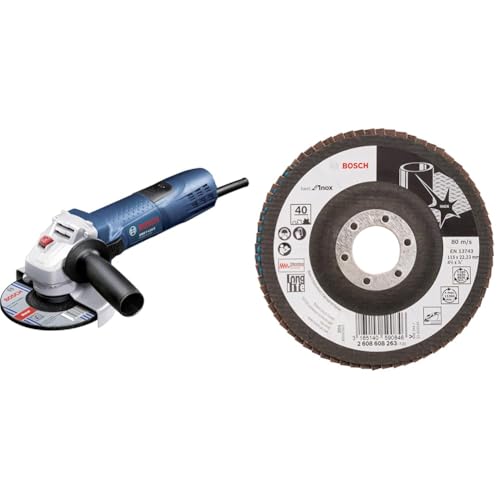 Bosch Professional Winkelschleifer GWS 7-115 E (Ø 115mm, inkl. Zusatzhandgriff, Aufnahmeflansch, Schutzhaube, Spannmutter, Zweilochschlüssel) + Fächerschleifscheibe X581 Best for Inox 115mm Korn 40 von Bosch