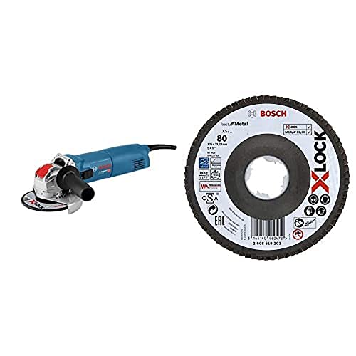 Bosch Professional Winkelschleifer GWX 10-125 (X-LOCK, ScheibenØ: 125 mm, im Karton) + Gewinkelte Fächerschleifscheibe Best (für Metall, X571, Ø125 mm, Körnung K80) von Bosch Professional