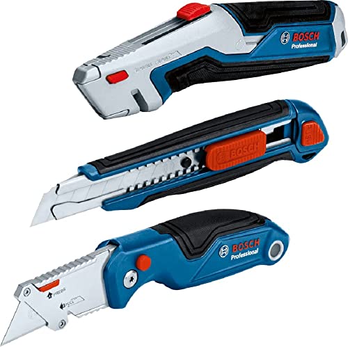 Bosch Professtional 3 tlg. Messer Set (inkl. Universal Messer mit ausziehbarer Klinge und Ersatzklingen im Griff, Cutter Messer, Universal Klappmesser mit Ersatzklingen im Griff) von Bosch Professional