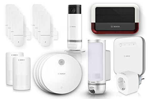 Bosch Smart Home Starter-Set Alarmsystem, 1x Controller II, 4x Rauchmelder II, 8x Tür-/Fensterkontakt II, 1x Innenkamera II, 1x Außenkamera, 1x Außensirene, 1x Plug Compact, 2x Bewegungsmelder von Bosch Smart Home
