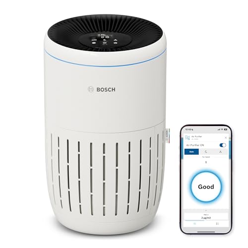 Bosch Air 2000i App-gesteuerter Luftreiniger - Für Räume bis zu 37,5 m² - Entfernt Schadstoffe - Mit 3-in-1 Luftfilter, Smart Sensor, Automatikmodus, Ruhemodus (< 25 dB(A)) - CADR: 180 m³/h von Bosch Thermotechnik