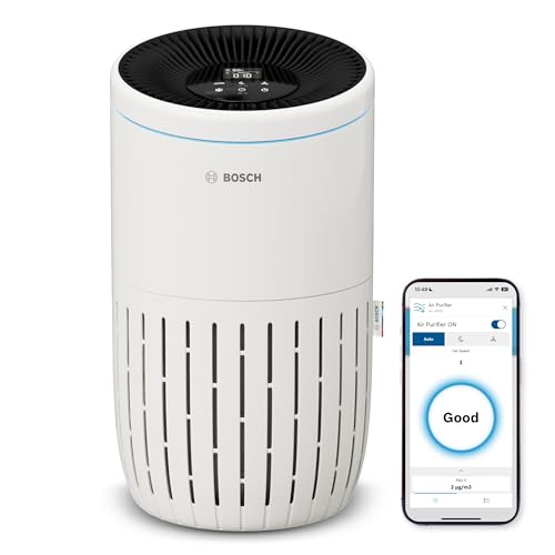 Bosch Air 4000i App-gesteuerter Luftreiniger - Für Räume bis zu 62,5 m² - Entfernt Schadstoffe - Mit 3-in-1 Luftfilter, Smart Sensor, Automatikmodus, Ruhemodus (< 25 dB(A)) - CADR: 300 m³/h von Bosch Thermotechnik