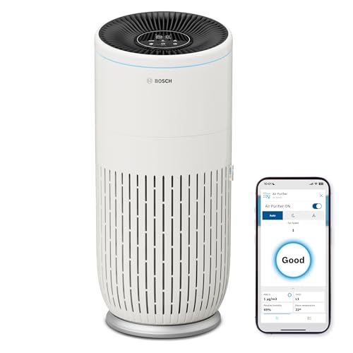 Bosch Air 6000i App-gesteuerter Luftreiniger - Für Räume bis zu 125 m² - Entfernt Schadstoffe - Mit 4-in-1 Luftfilter, Smart Sensor, Automatikmods, Ruhemodus (< 25 dB(A)) - CADR: 600 m³/h von Bosch Thermotechnik