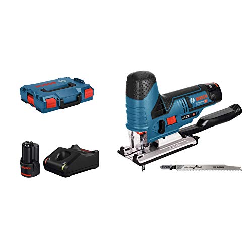 Bosch Professional 12V System Akku Stichsäge GST 12V-70 (Schnitttiefe in Holz: 70mm, inkl. 2x 3.0Ah Akku, GAL 1230 CV, 2x Stichsägeblatt, Spanreißschutz, Gleitschuh, Absaug-Set, Einlage, L-BOXX) von Bosch Professional