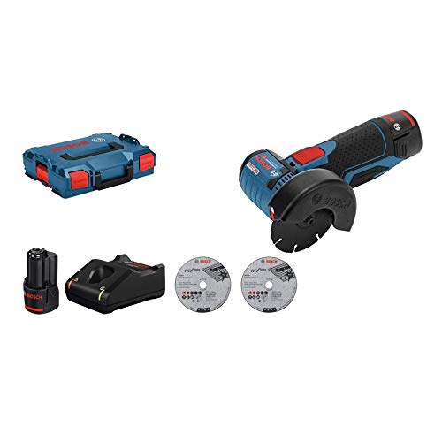 Bosch Professional 12V System Akku Winkelschleifer GWS 12V-76 (3 Trennscheiben, Scheibendurchmesser: 76 mm, inkl. 2x3.0Ah Akkus und Ladegerät, im Karton) von Bosch Professional