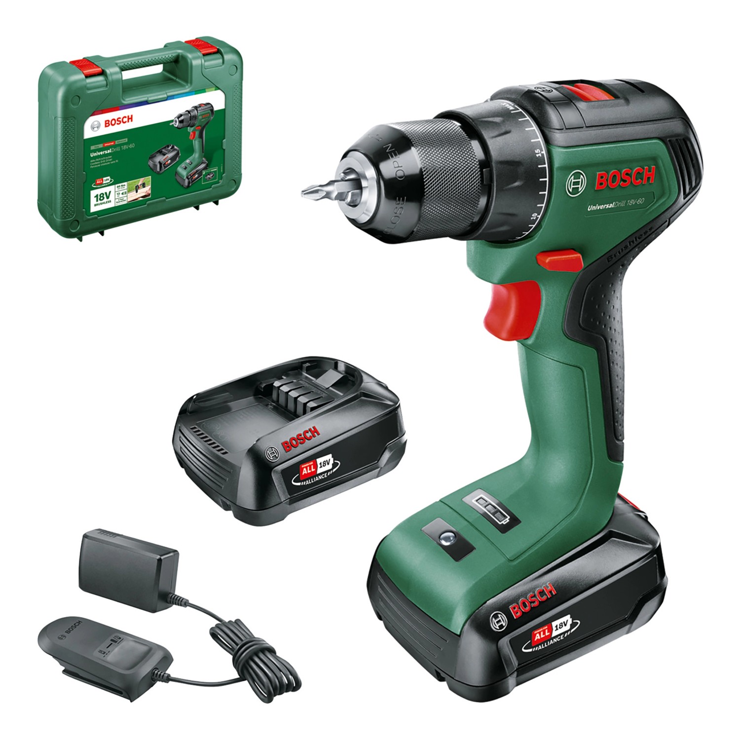 Bosch 18 V Akku-Bohrschrauber UniversalDrill 18V-60 inkl. 2 Ah Akkus mit Koffer Bosch 18 V Akku-Bohrschrauber UniversalDrill 18V-60 inkl. 2 Ah Akkus mit Koffer von Bosch