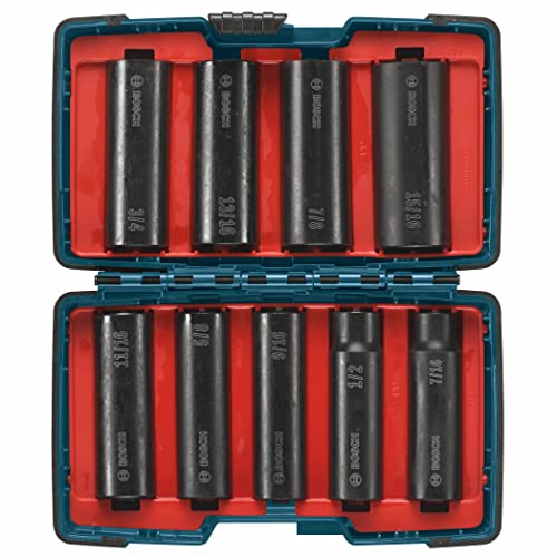 BOSCH 27286 1/5.1 cm Schaft 9-teiliges sortiertes Set mit Brute Tough Case Impact Tough Deep Well Stecknüssen für Anwendungen bei hohen Drehmomenten und Befestigung von BOSCH