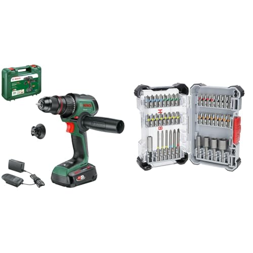 Bosch Akku-Bohrschrauber AdvancedDrill 18V-80 (zum Bohren und Schrauben; Magnetkappe; Zusatzhandgriff; mit Akku und Ladegerät) + 43x Extra Hard Schrauberbit-Set (197 x 110,5 mm, Zubehör) von Bosch