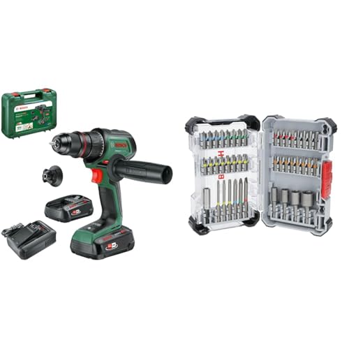 Bosch Akku-Bohrschrauber AdvancedDrill 18V-80 (zum Bohren und Schrauben; Metallbohrfutter; Magnetkappe; mit zwei Akkus und Ladegerät) + 43x Extra Hard Schrauberbit-Set (197 x 110,5 mm, Zubehör) von Bosch