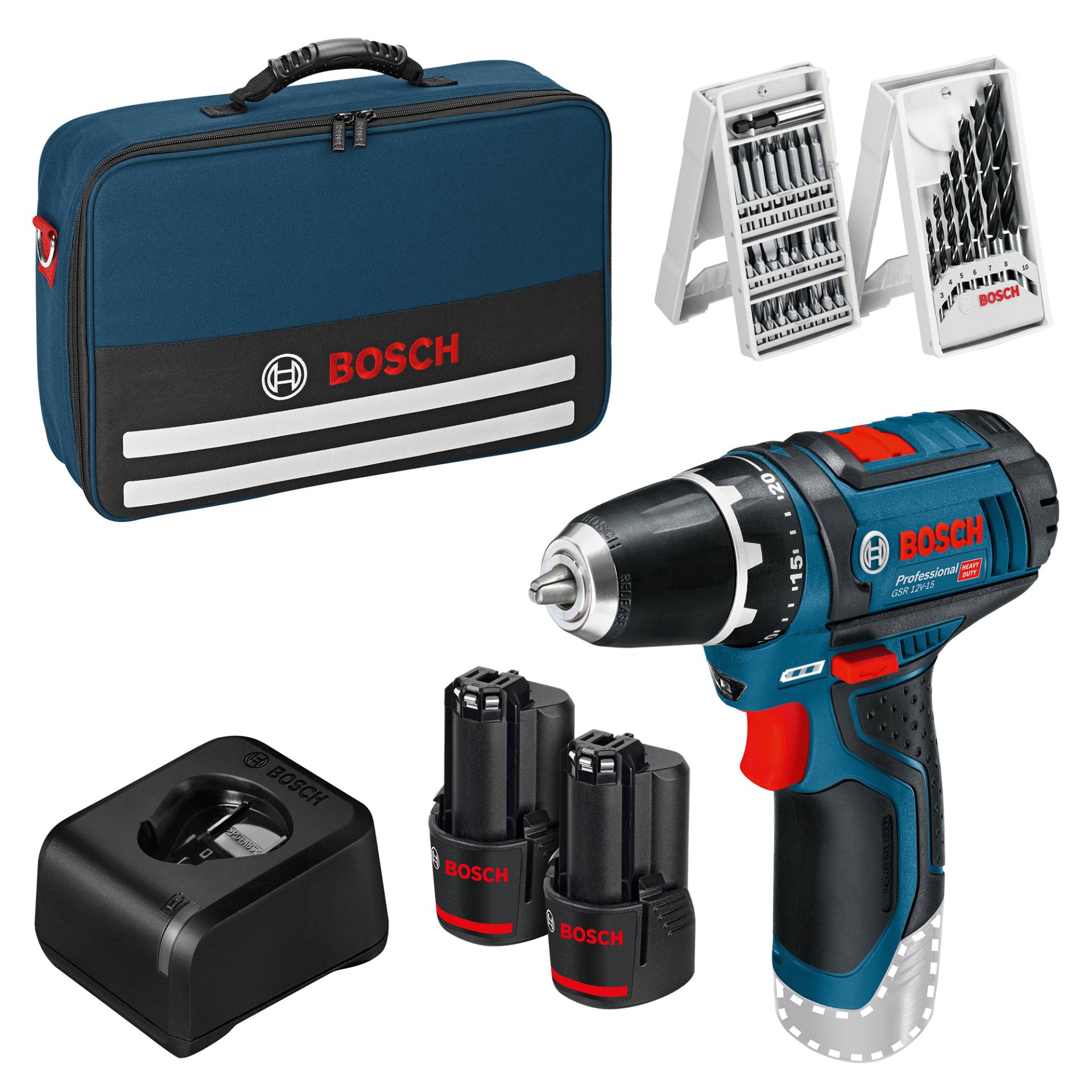 Bosch Akku-Bohrschrauber 'GSR 12V-15 Professional' mit 2 Akkus, Tasche und Zubehörset Bosch Akku-Bohrschrauber 'GSR 12V-15 Professional' mit 2 Akkus, Tasche und Zubehörset von Bosch