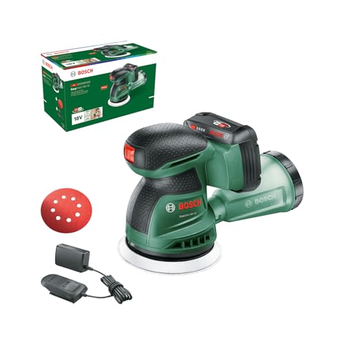 Bosch Akku-Exzenterschleifer EasyOrbit 18V-10 (Schleifen von kleinen bis mittelgroßen Holzoberflächen sowie lasierten und lackierten Oberflächen; Durchmesser: 125 mm; Akku 2.0Ah und Ladegerät) von Bosch