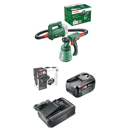 Bosch Akku-Farbsprühsystem EasySpray 18V-100 (ohne Akku, Behälter 800 ml, im Karton) + Akku & Schnellladegerät Starter Set 18V(1x 4,0Ah Li-Ionen-Akku; 1x Schnellladegerät; POWER FOR ALL 18V Alliance) von Bosch