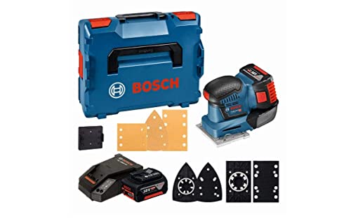 Bosch Professional 18V System Akku Schwingschleifer GSS 18V-10 (inkl. 2x5.0Ah Akku + Ladegerät, 3x Schleifblatt G120, 3x Schleifplatte, 1x Stanzwerkzeug, 1x Schraubendreher, L-BOXX 136) von Bosch Professional