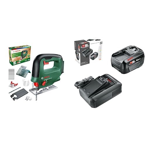 Bosch Akku Stichsäge UniversalSaw 18V-100 (ohne Akku, 15 tlg. Stichsägeblatt-Set) – Amazon Edition + Bosch Akku und Schnellladegerät Starter Set 18V (1x 4,0Ah Li-Ionen-Akku; 1x Schnellladegerät) von Bosch