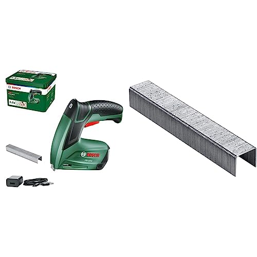 Bosch Akku Tacker PTK 3,6 LI (Integrierter Akku, 3,6 Volt, 30 Schläge/min, in Metalldose) & Tackerklammern (Typ 53 Länge 10 mm) (1000 Stück), 1er Pack von Bosch