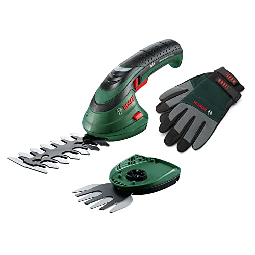 Bosch Akkukanten-Scheren-Set Isio (3,6 V, Klingenlänge: 12 cm, Zahnabstand: 8 mm, inklusive XL-Gartenhandschuhen, in Softbag-Verpackung) - Amazon Edition von Bosch