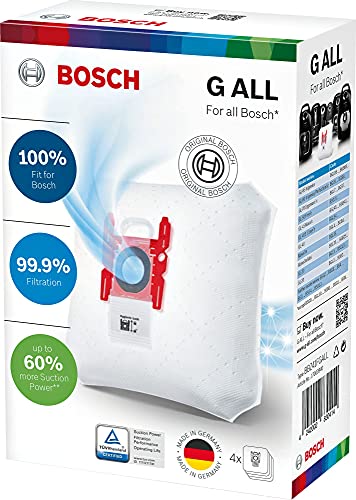 Bosch 4x Staubsaugerbeutel PowerProtect Typ G ALL BBZ41FGALL, 99,9% Feinstaubfilterung, 50% längere Nutzungsdauer, passend für alle aktuellen Baureihen außer BSG8, BSN1 von Bosch Hausgeräte
